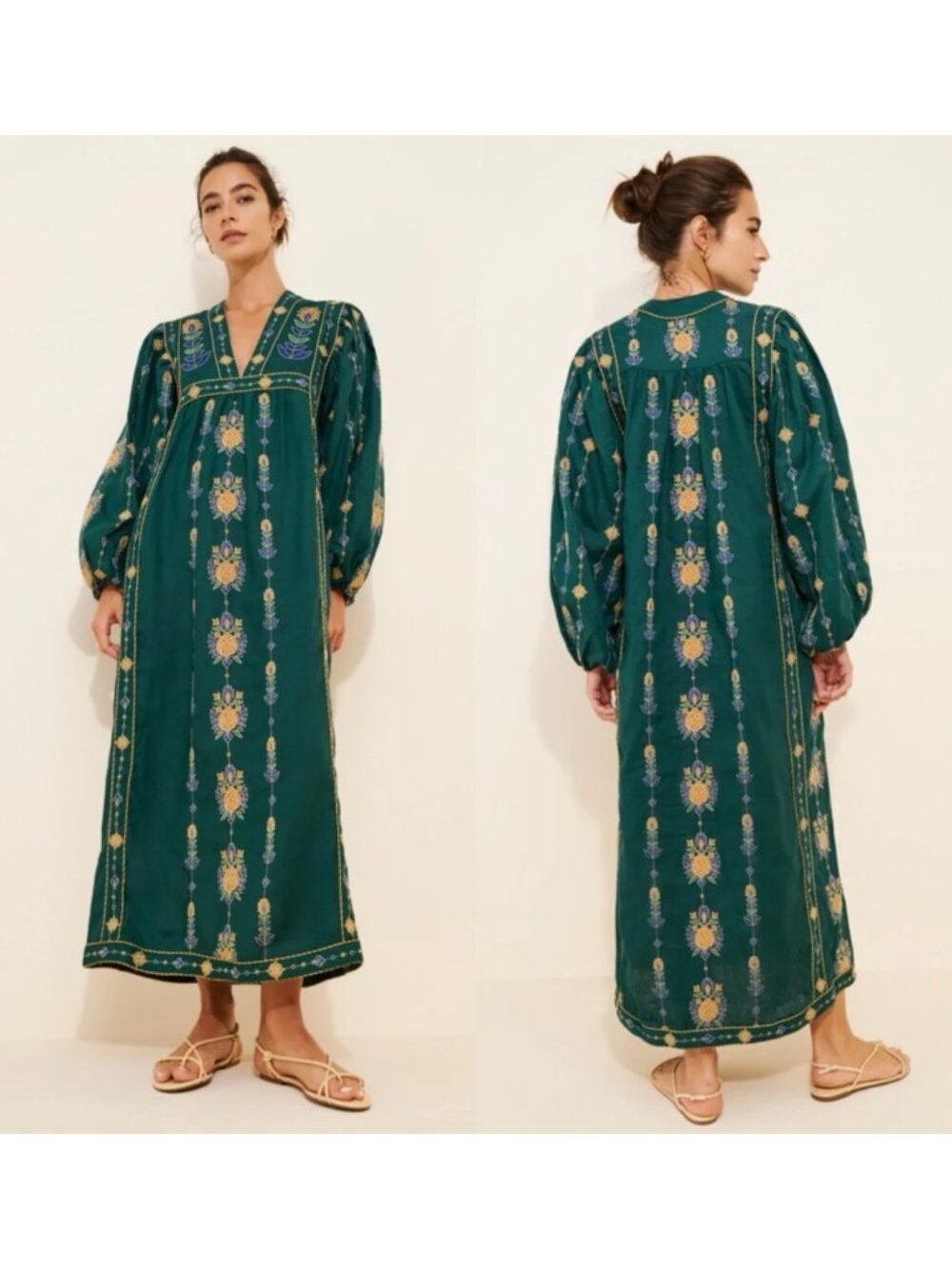 FARM RIO Linen Green Pineapple Embroidered Tunic Maxi Dress Size XS